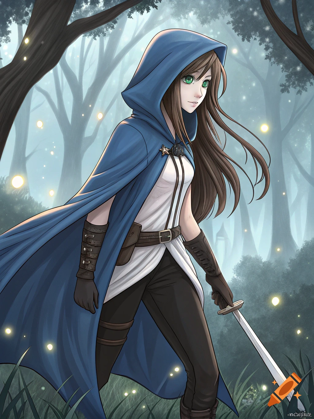 Anime illustration of a woman in a blue hooded cloak holding a sword in a misty forest.
