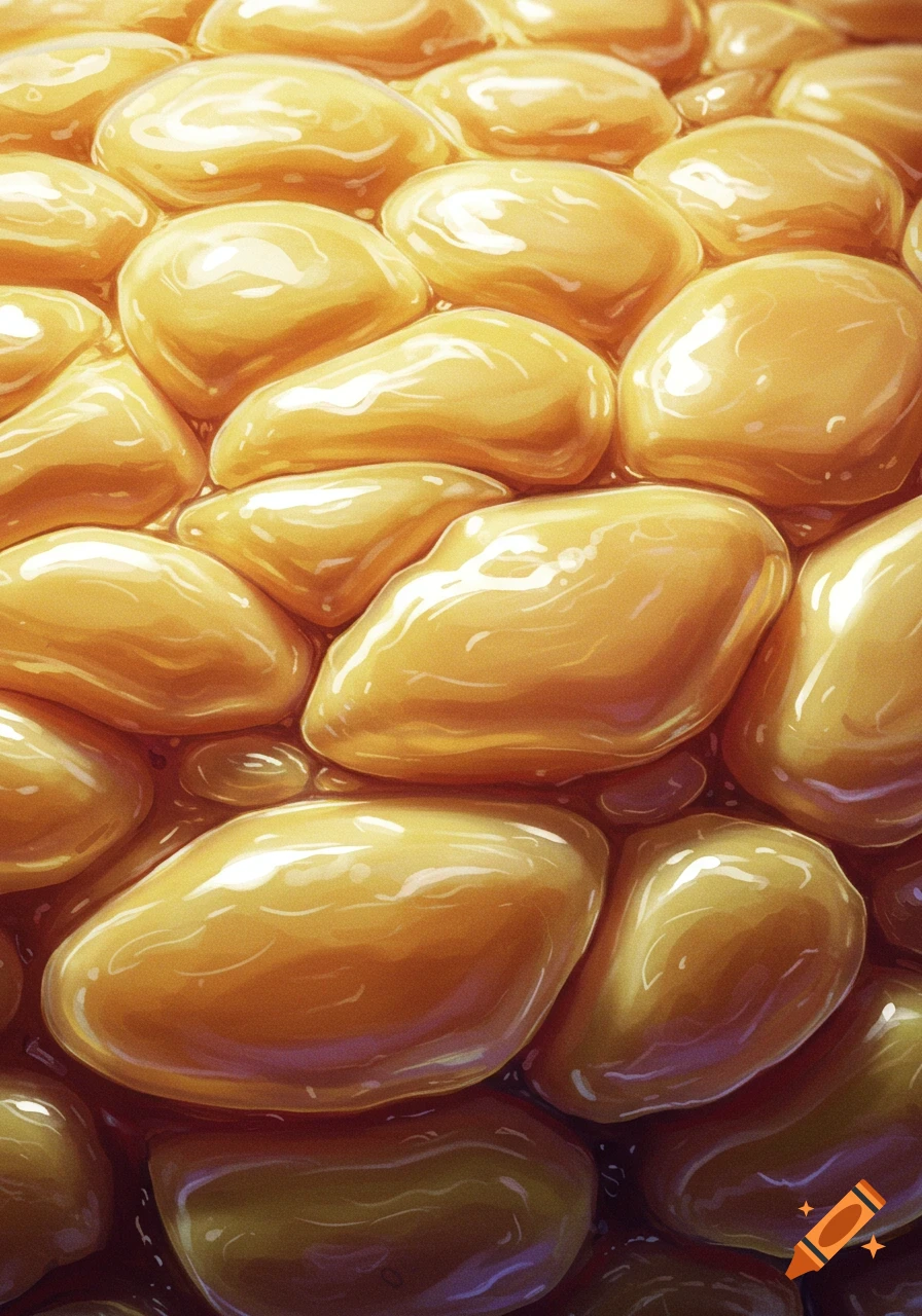 Close-up illustration of glossy, oval yellow/orange shapes in sauce.