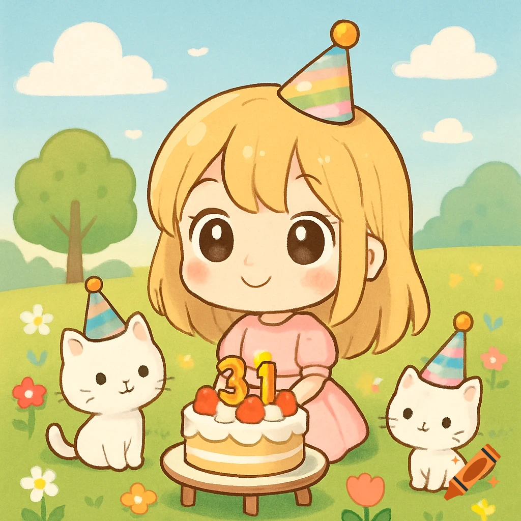 Chibi girl and two cats with party hats around a birthday cake with '31' in a garden.