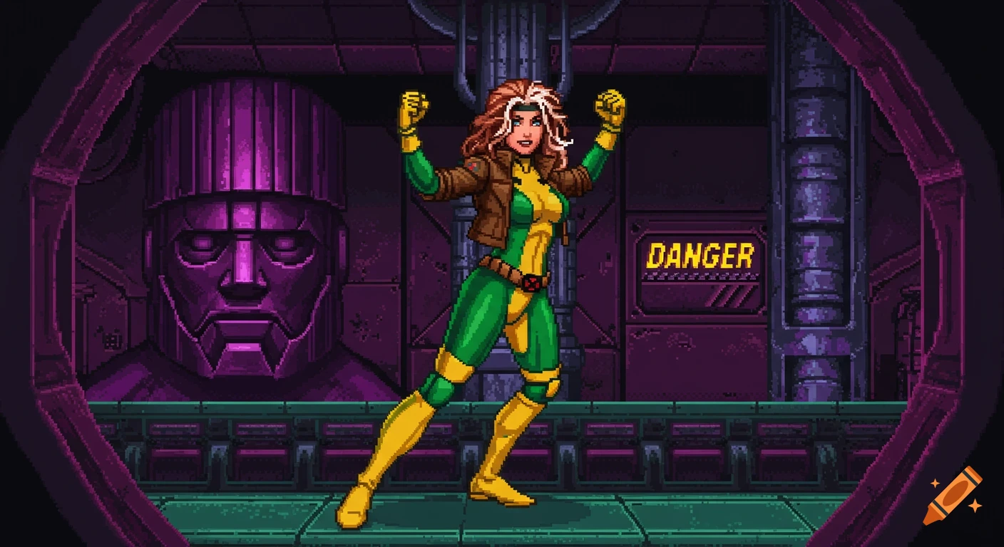 Pixel art of X-Men's Rogue striking a victory pose in the Danger Room with a giant Sentinel.