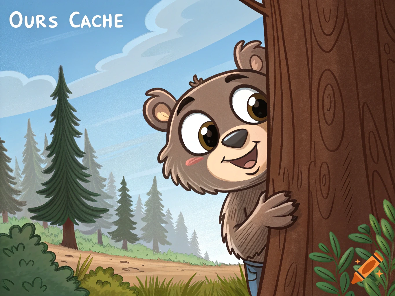 Cartoon bear peeking from behind a tree in a forest.