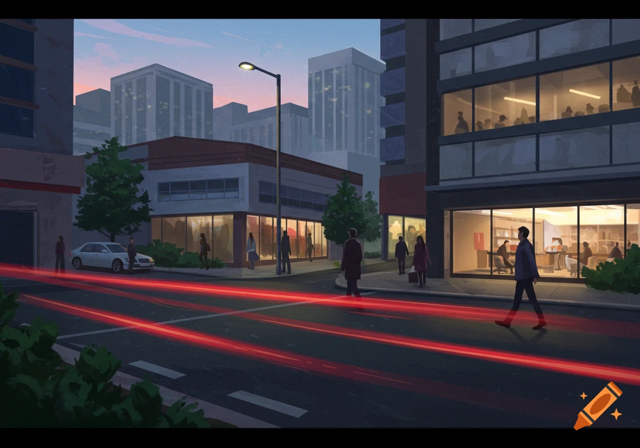 A city street at dusk with buildings, people walking, and red light trails on the road.