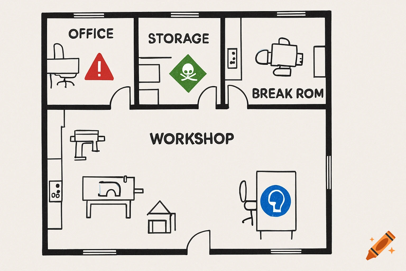 Floor plan diagram of a workplace with rooms and hazard symbols.