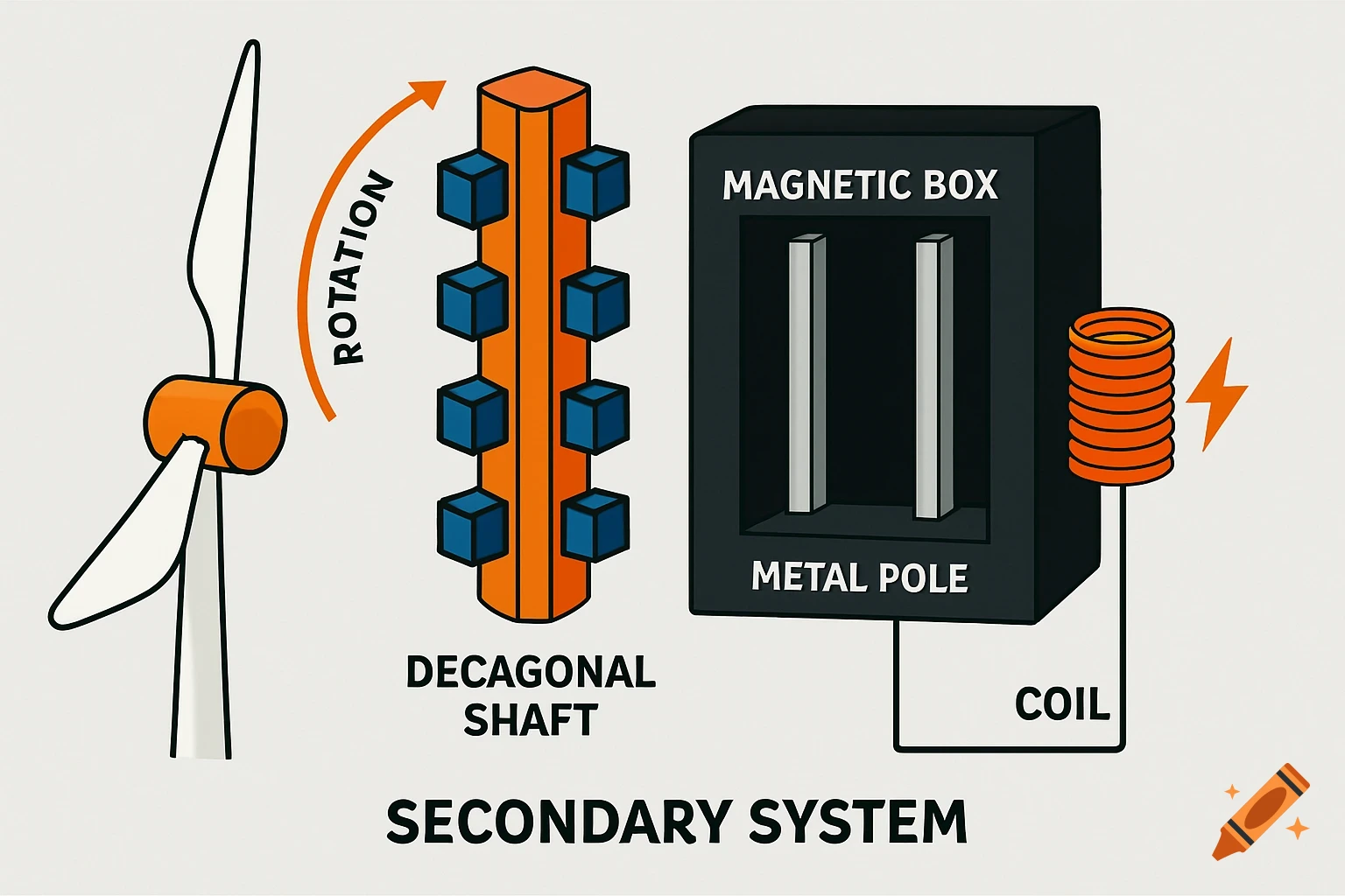 Diagram illustrating a wind turbine connected to a magnetic secondary power generation system.