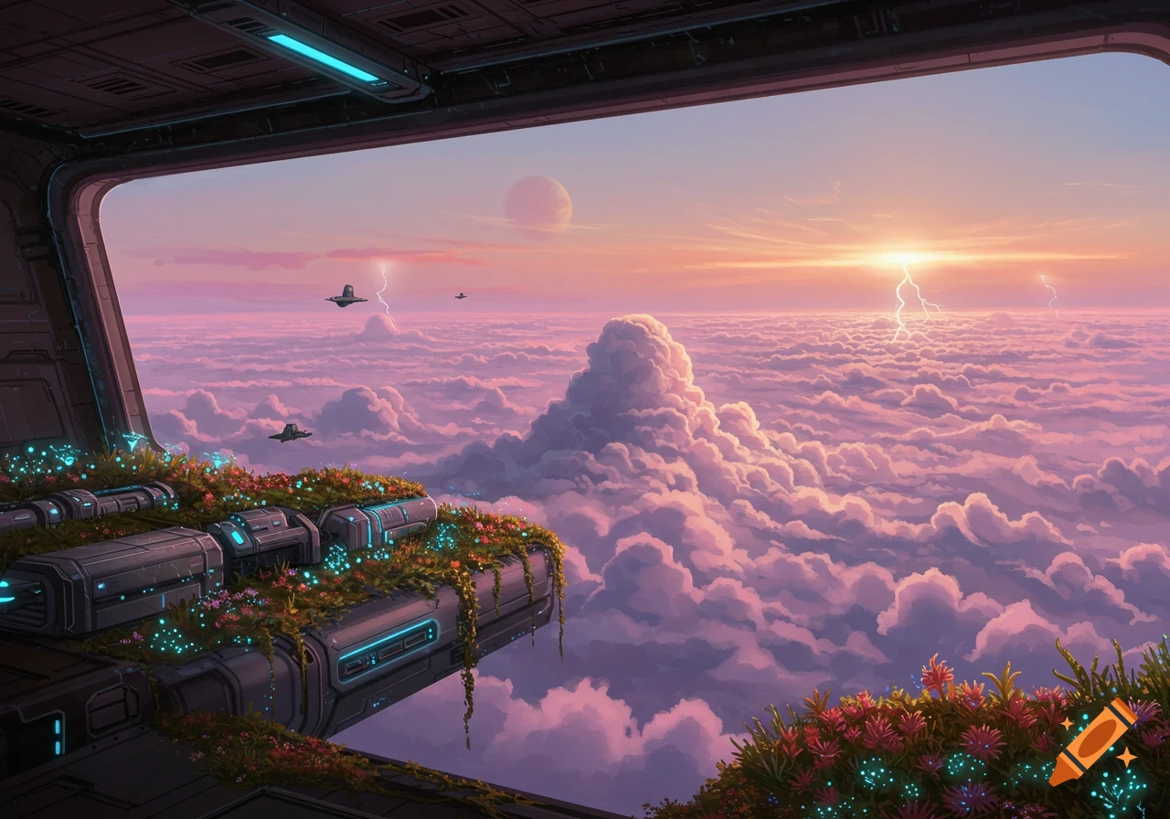 A futuristic structure adorned with lush plants stands overlooking a breathtaking scene of pink clouds, dramatic lightning, and a distant planet bathed in the warm glow of a space sunset.