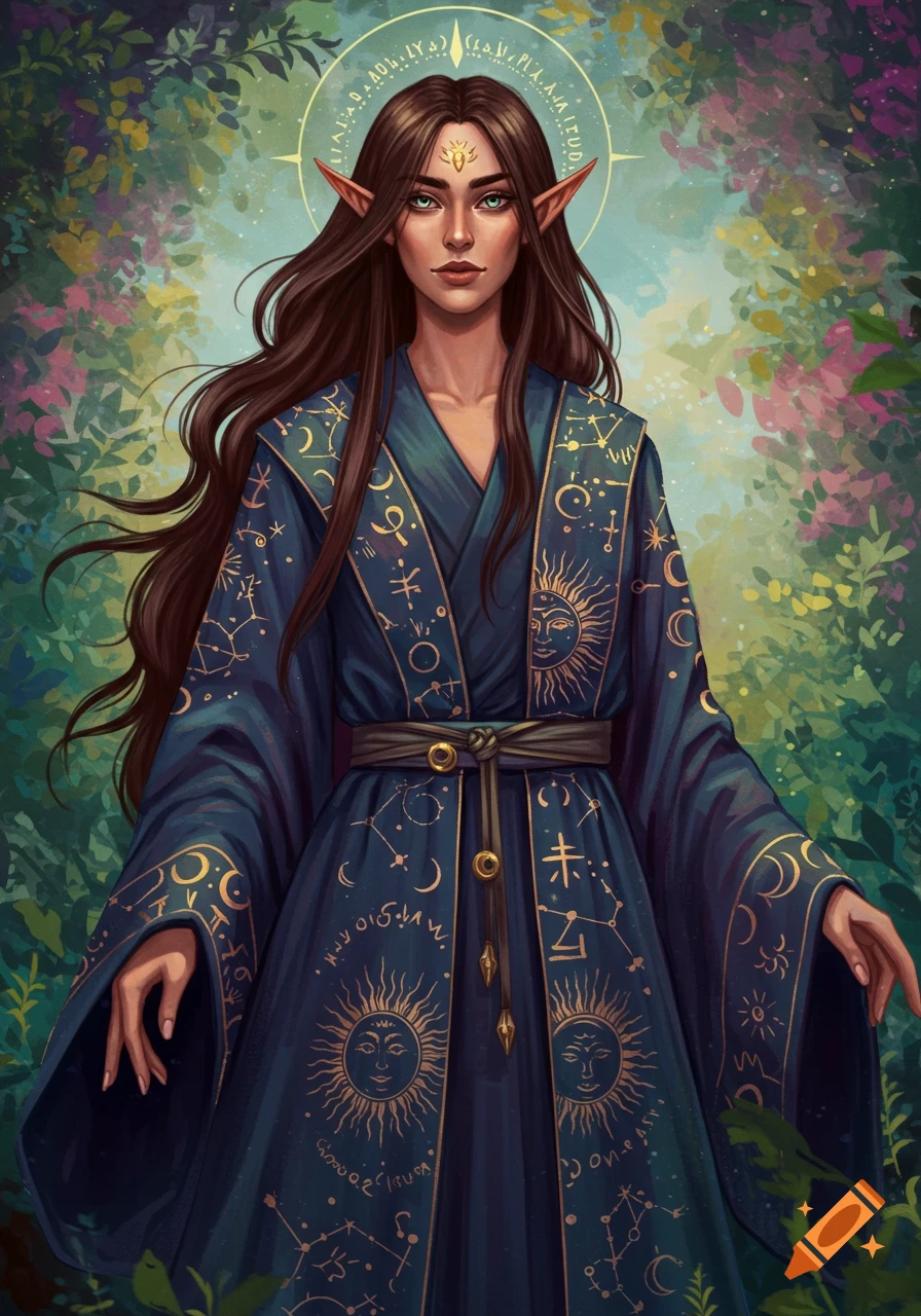 A woman in a dark blue robe with golden sun and moon symbols is ...