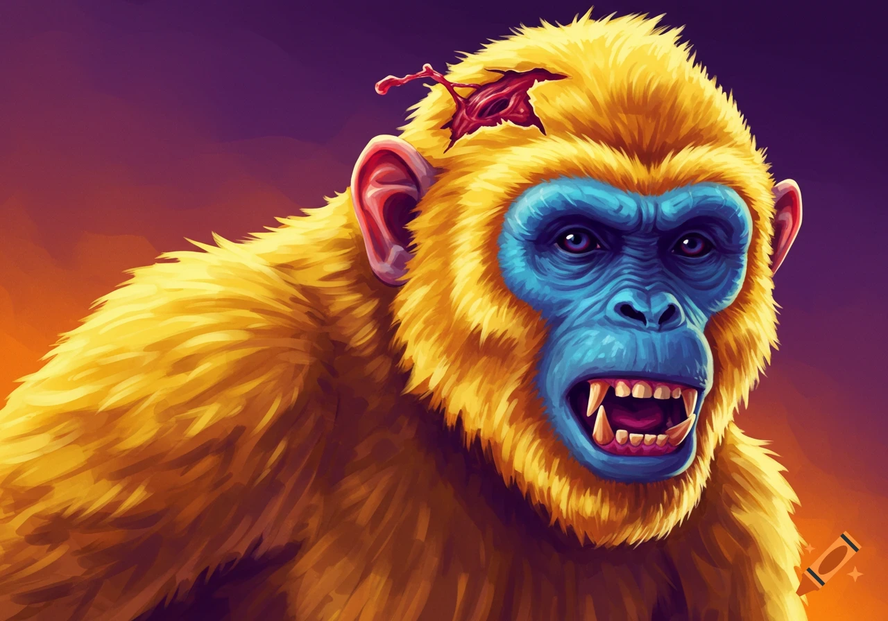 A golden monkey with a blue face, sharp teeth, and a head wound.