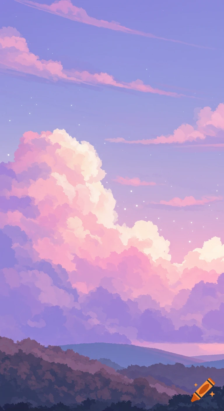 Pink and purple clouds over a landscape at dusk.