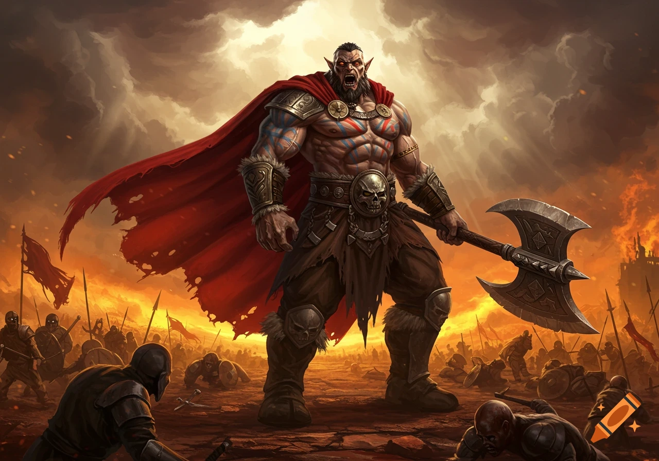 Large fantasy barbarian with red cape and axe stands over a chaotic battlefield.