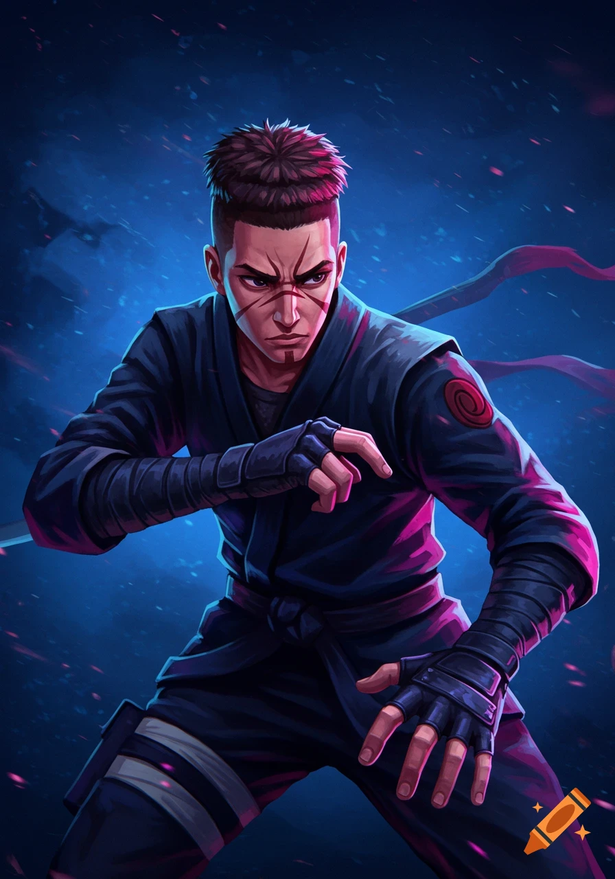 Anime style illustration of a ninja character with facial markings in a dark suit, ready for action against a blue background.