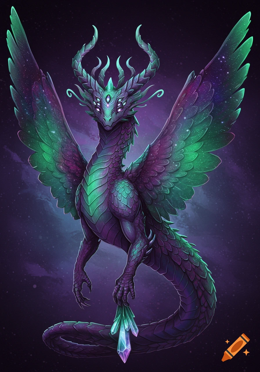 A cosmic fantasy dragon with purple and green scales, multiple eyes, and starry wings, holding a glowing crystal.