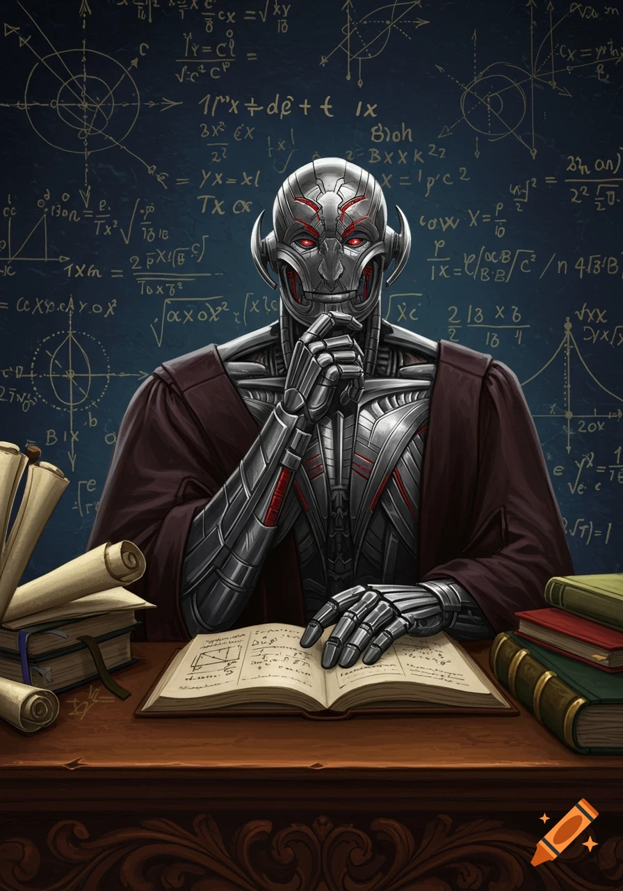 A robotic figure resembling Ultron sits at a desk filled with books and scrolls, looking at an open book. A chalkboard behind him is covered in mathematical equations and diagrams. The figure wears academic robes.
