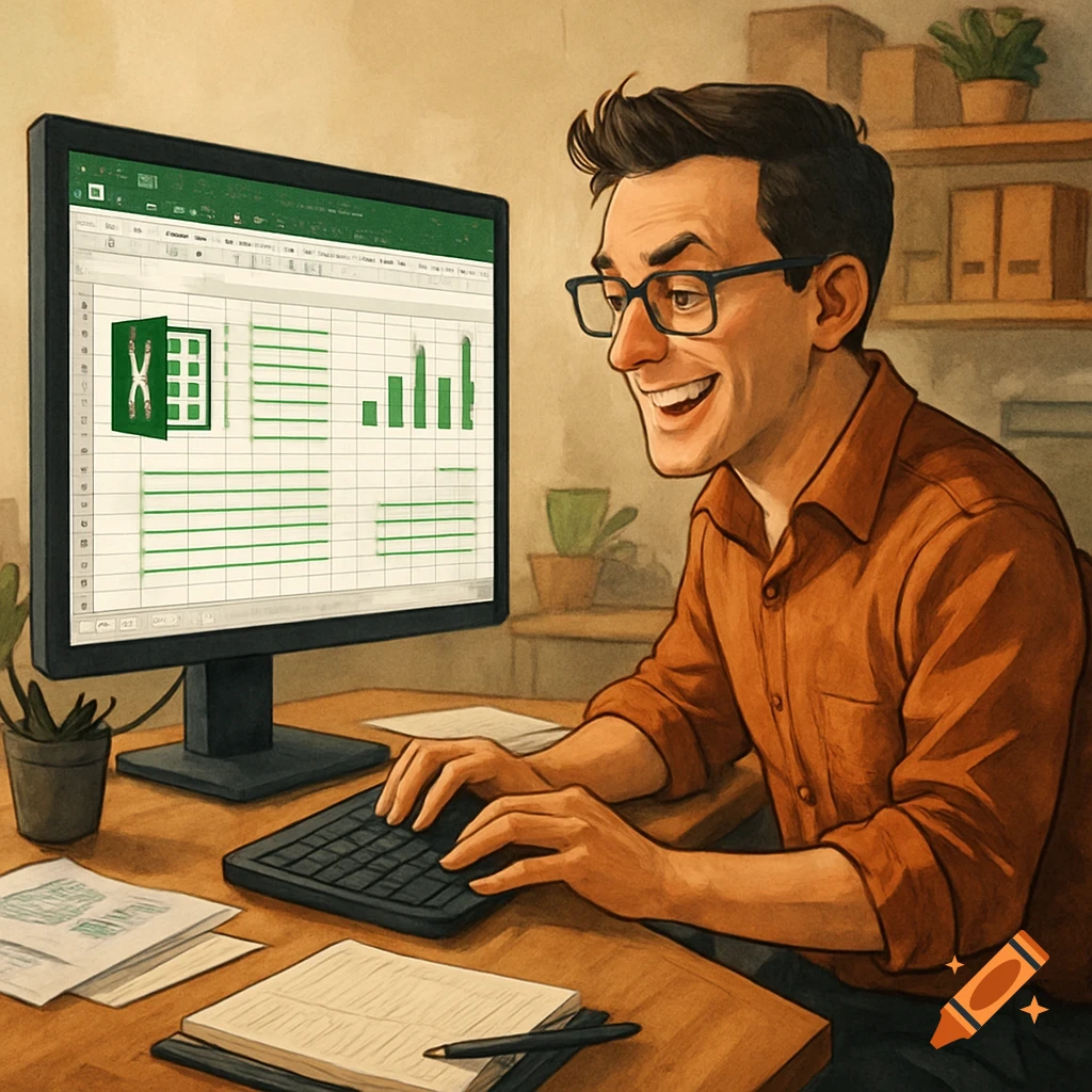 A person with glasses smiling and typing on a keyboard, looking at a computer screen displaying a spreadsheet.
