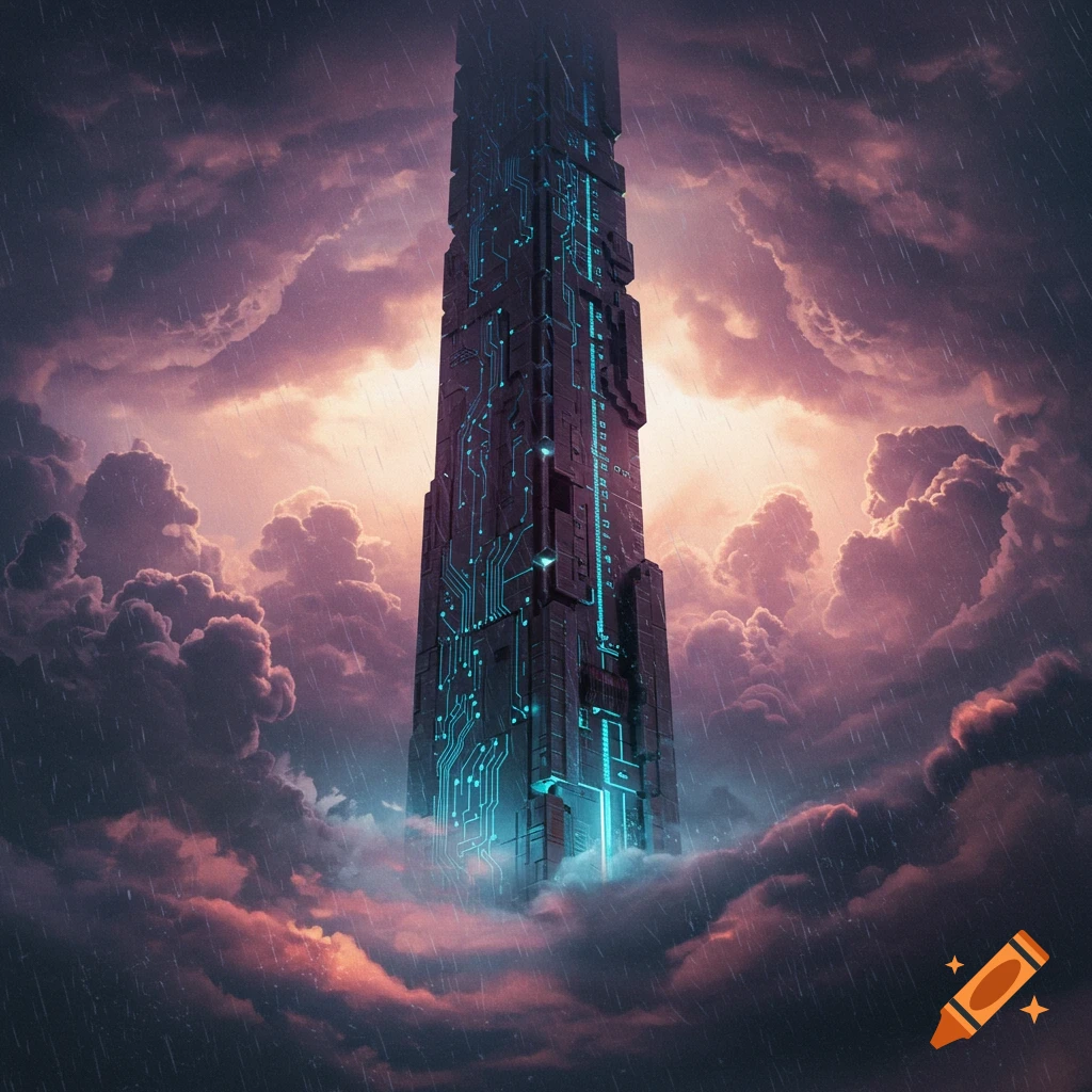 A futuristic tower covered in blue circuitry rises through dark storm clouds as rain falls.