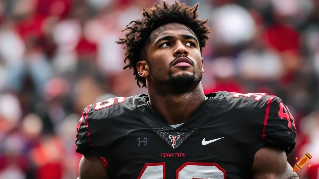 Close-up of a football player in a black Texas Tech jersey looking up