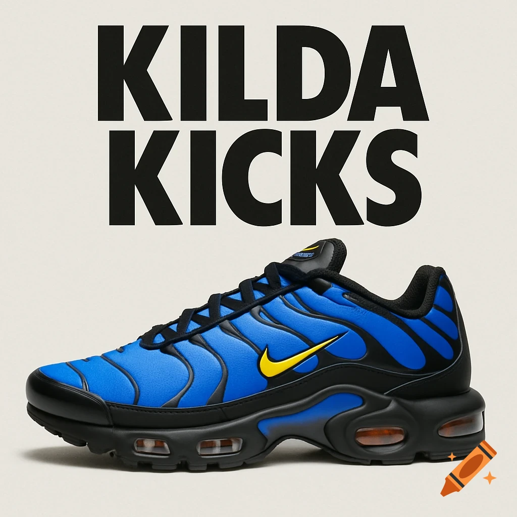 A blue and black Nike TN sneaker sits below bold black text that reads "KILDA KICKS".