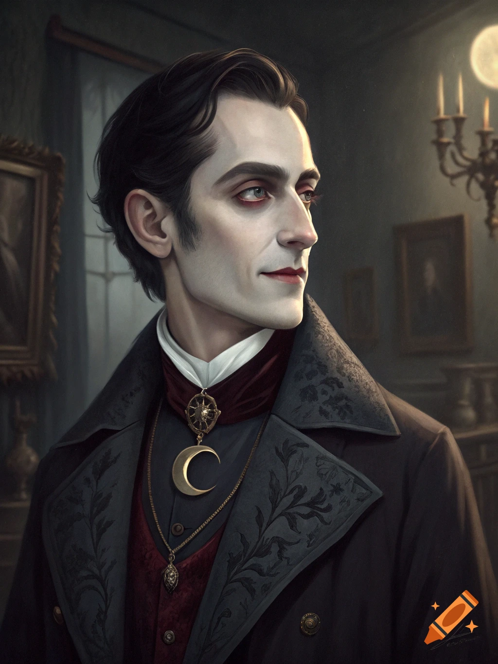 Portrait of a pale man in gothic attire and jewelry, looking left in a dark room.