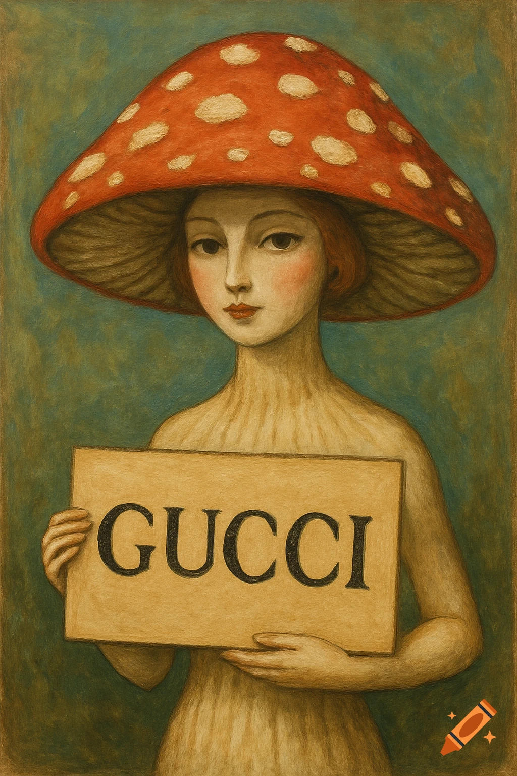 A woman wearing a large red and white mushroom hat and holding a 'GUCCI' sign.