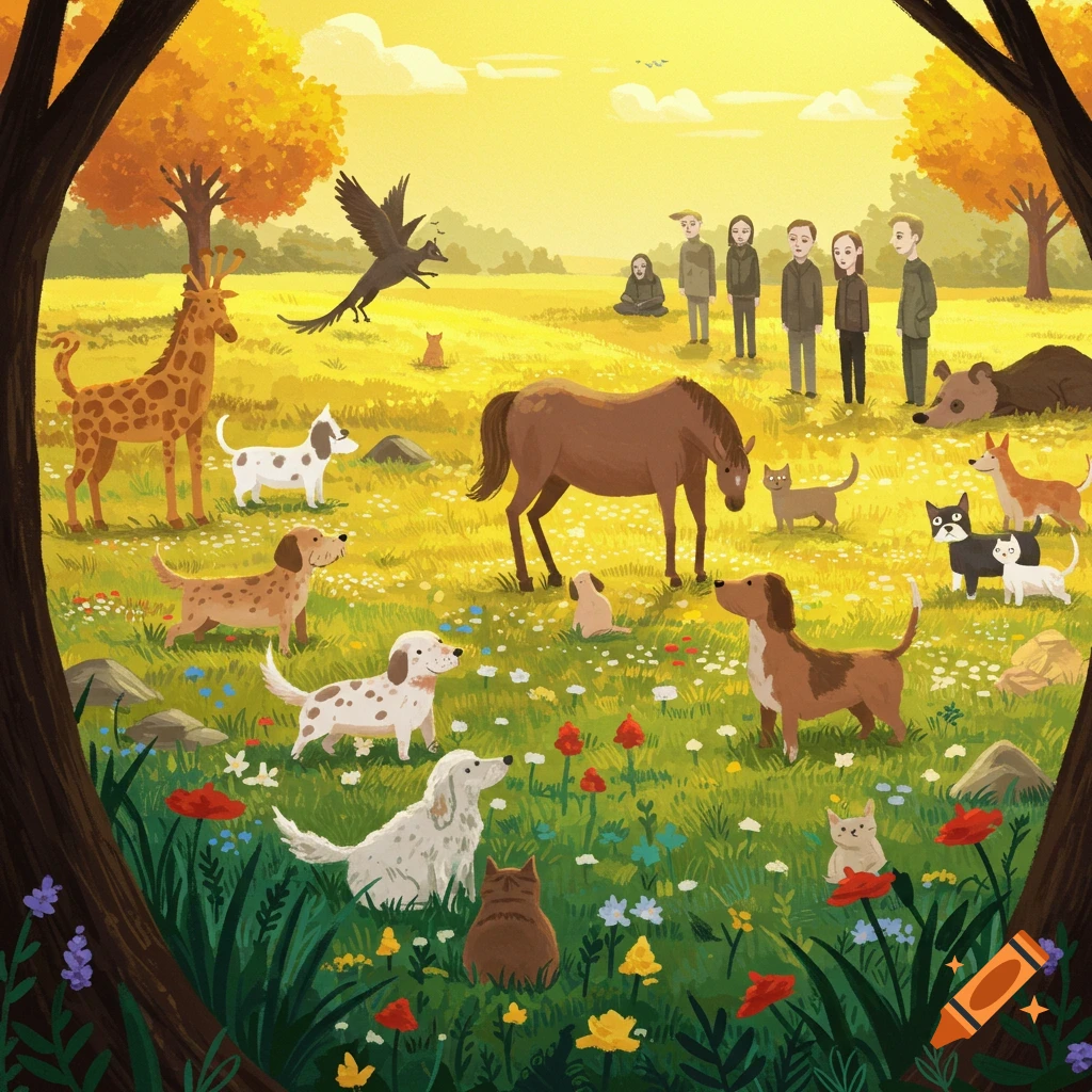 Stylized illustration of animals and humans in a field of flowers.