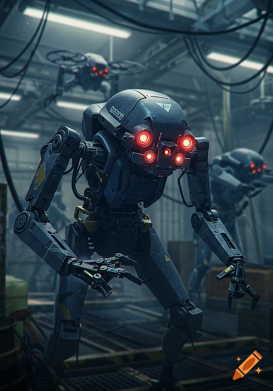 A dark sci-fi robot with red eyes stands in an industrial workshop with other robots.