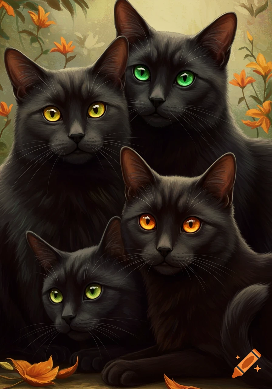 Four black cats with yellow, green, and orange eyes among plants.