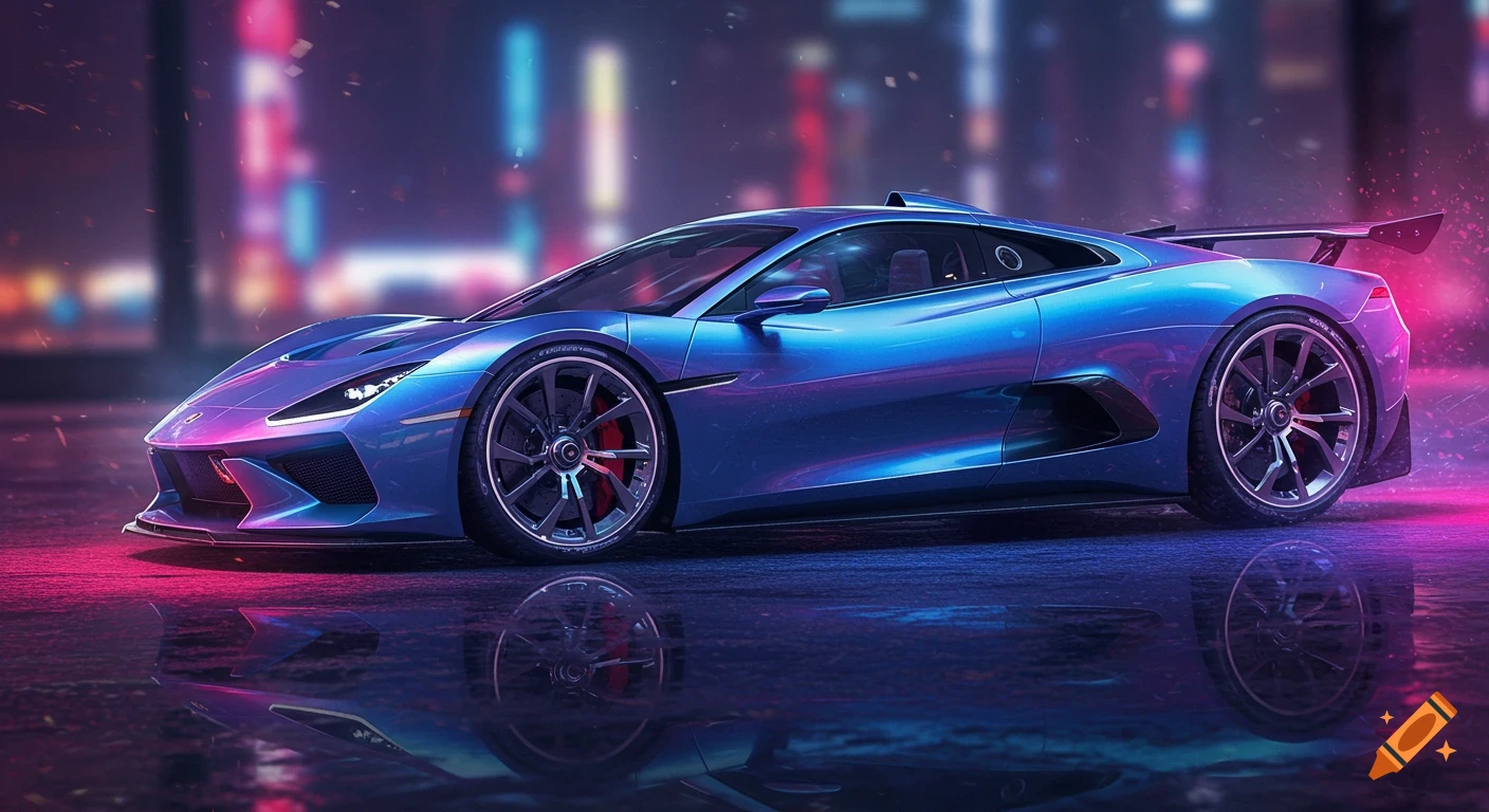 A futuristic blue hypercar is parked on a wet street in a neon-lit city.