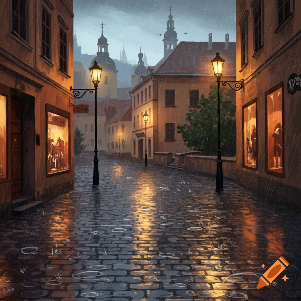 Rainy street in an old city at night, illuminated by gas lamps, wet cobblestones reflecting light.