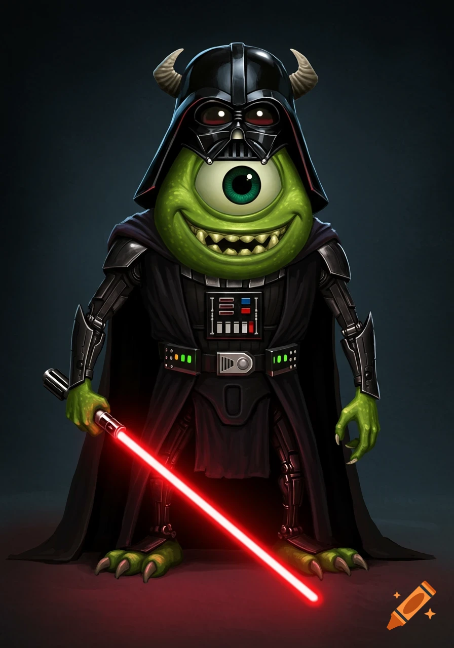 Cartoon illustration of Mike Wazowski from Monsters Inc dressed as Darth Vader holding a red lightsaber