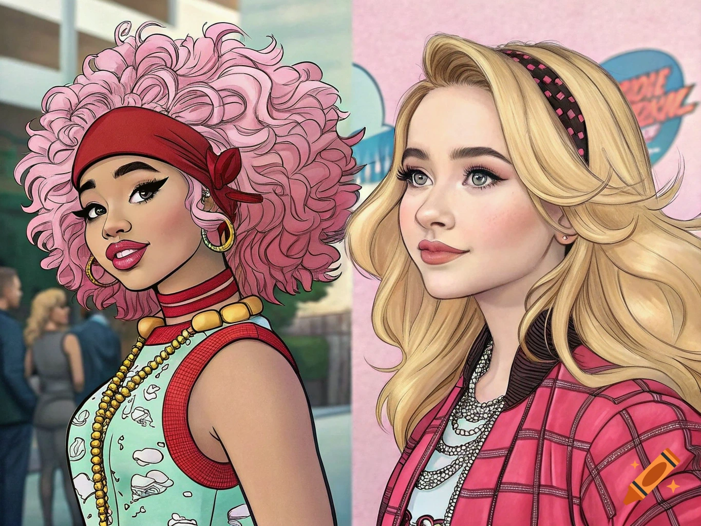 Two stylized portraits side-by-side. A woman with pink curly hair and a red headband on the left. A woman with blonde wavy hair on the right.
