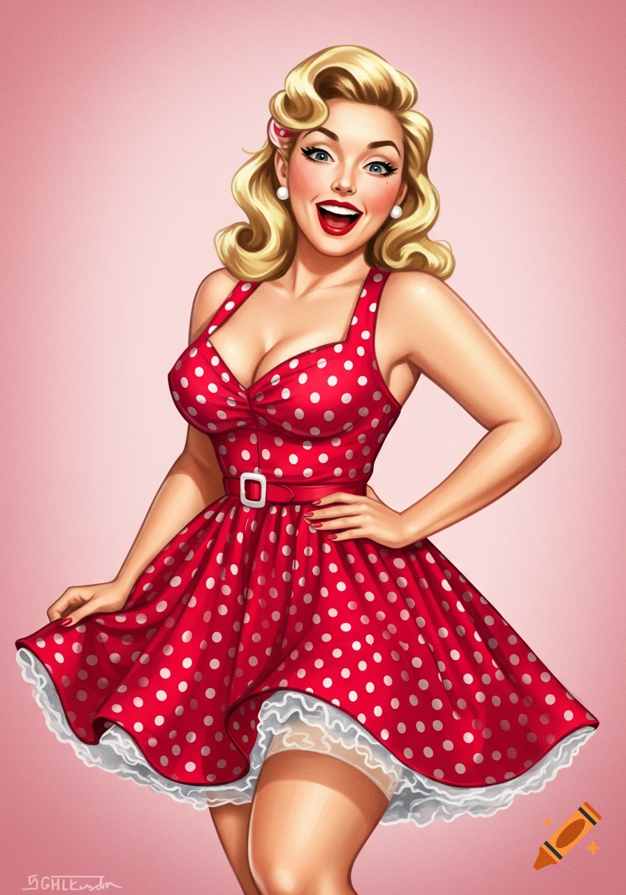 A smiling woman wears a 50s pinup style red polka dot dress.