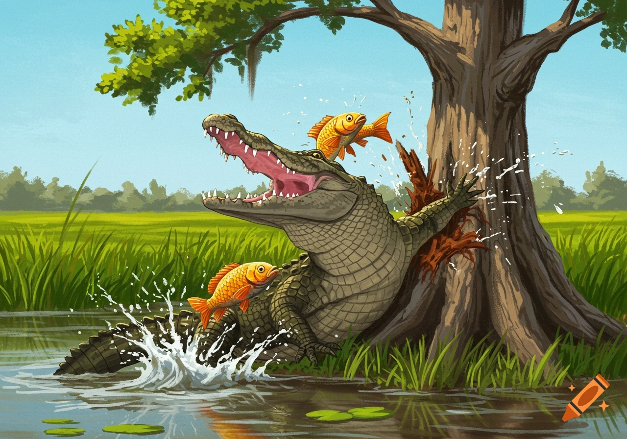 Cartoon illustration of an alligator hitting a tree while chasing fish in a swamp.
