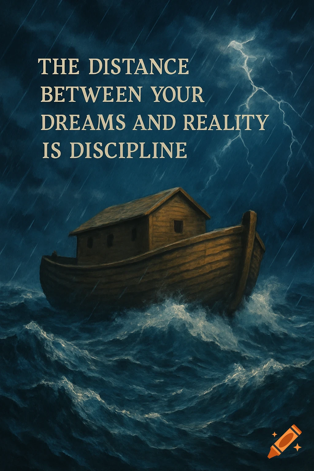 Painted illustration of a wooden ark-like boat on stormy seas with lightning and rain, overlaid with the quote: The distance between your dreams and reality is discipline.