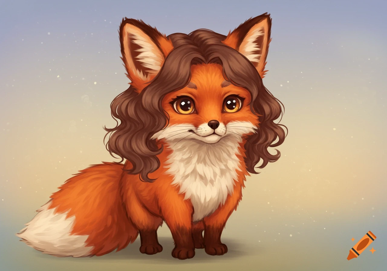 A cute cartoon fox with brown curly hair.
