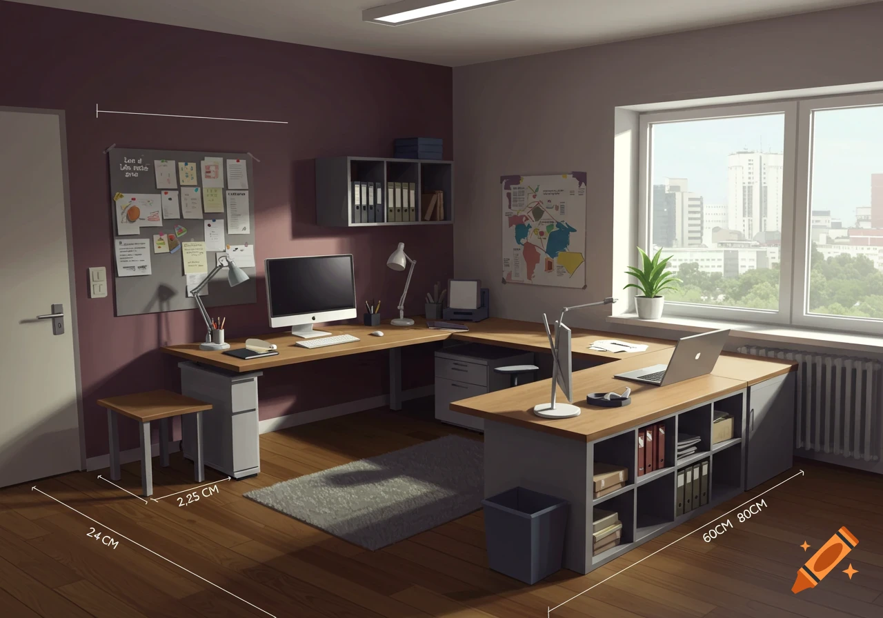 Messy office desk with monitors, a bulletin board, and a city view.