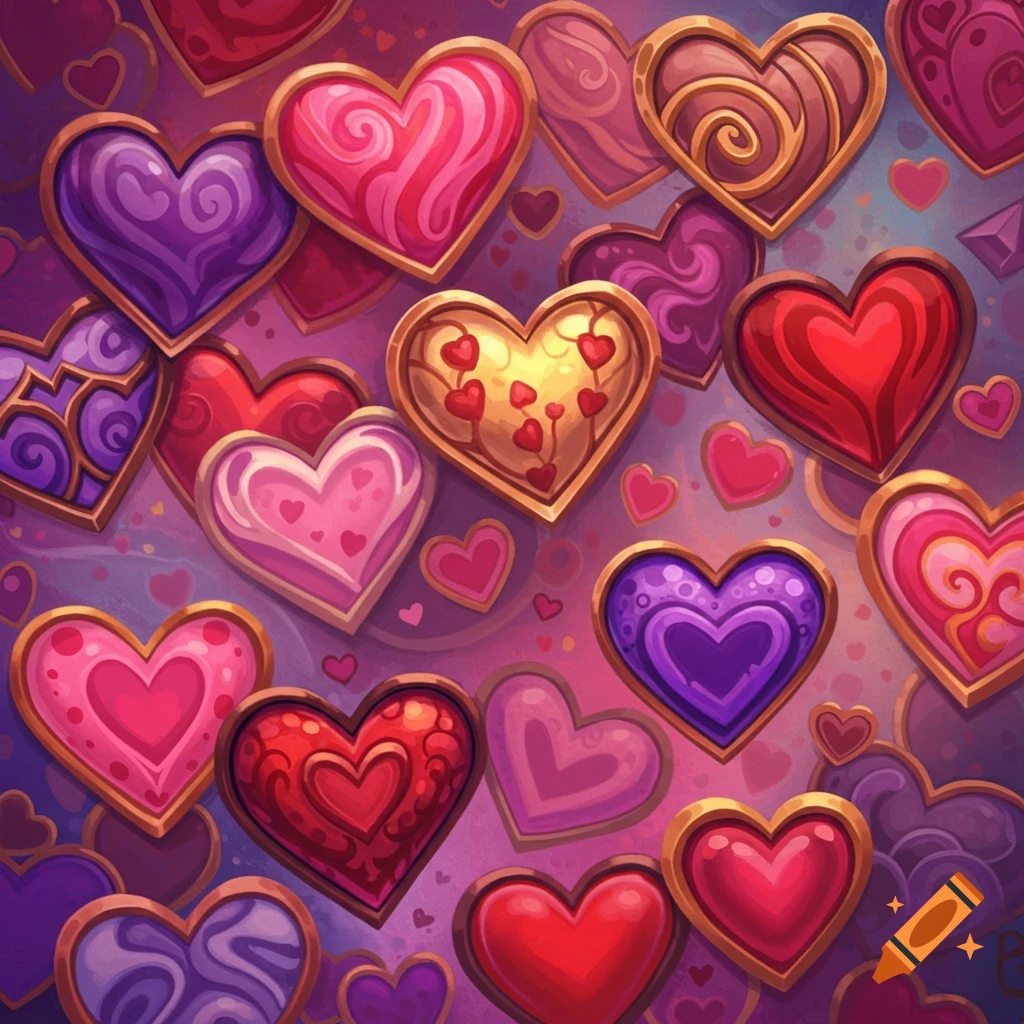 Many stylized, ornate hearts in various colors