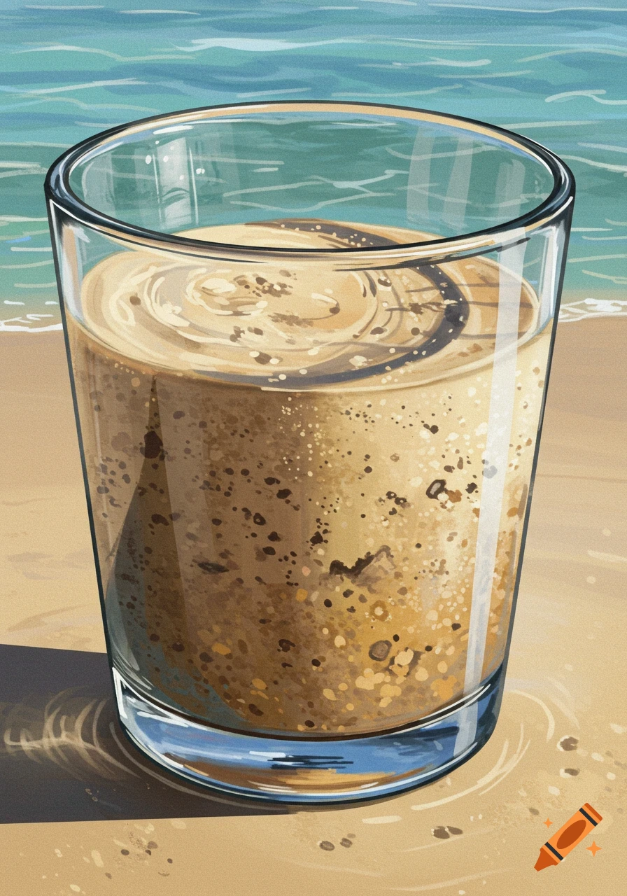 Illustration of a glass containing layers of sand and dirt, sitting on a beach near the sea.