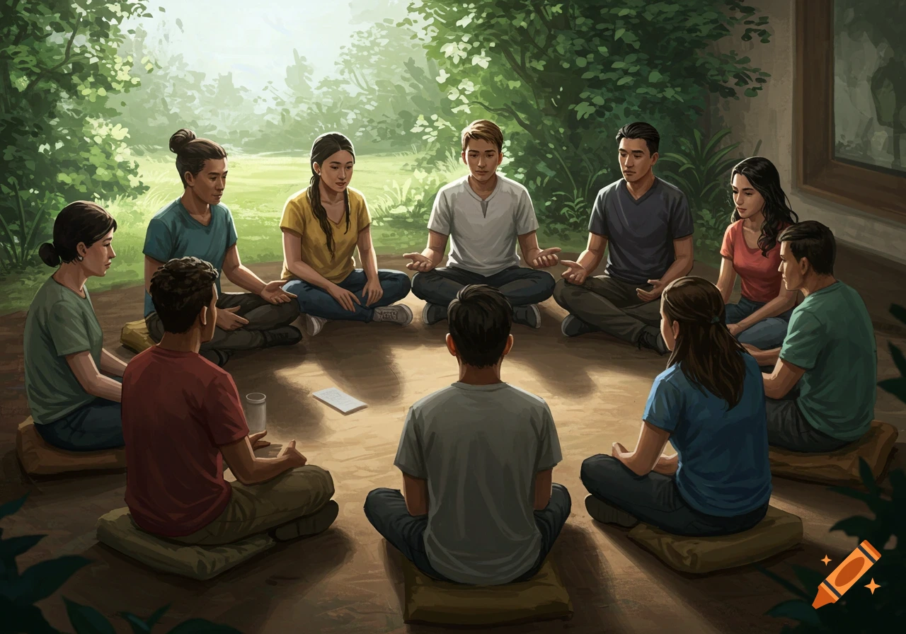 A diverse group seated in a circle outdoors for discussion or meditation.