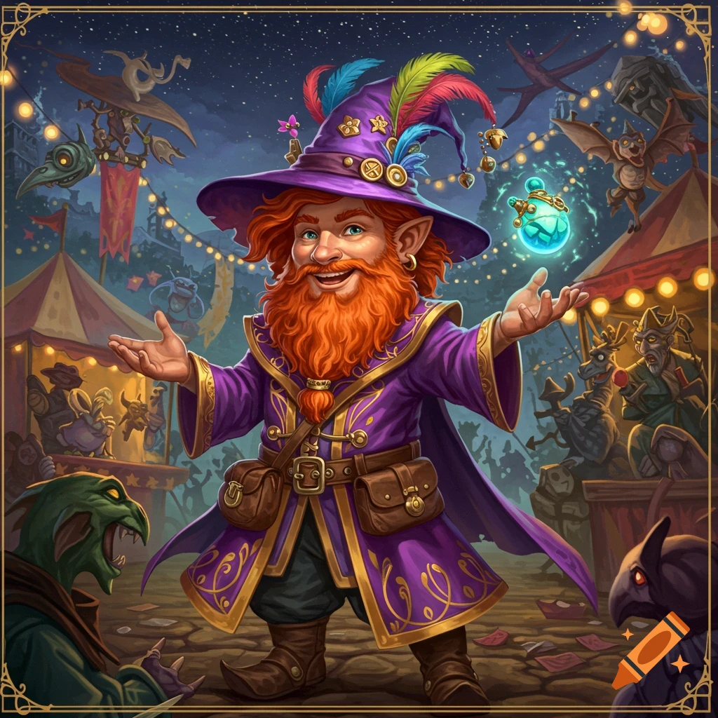 A gnome wizard with a red beard and purple hat stands at a fantasy carnival at night.