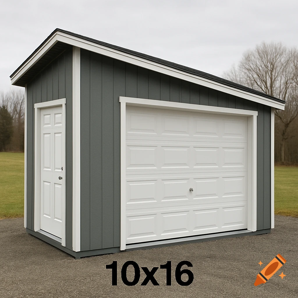 Grey shed with white trim, single slope roof, man door, and garage door