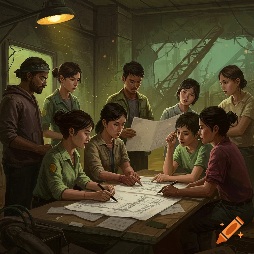 Group of people looking at architectural plans in a ruined building.