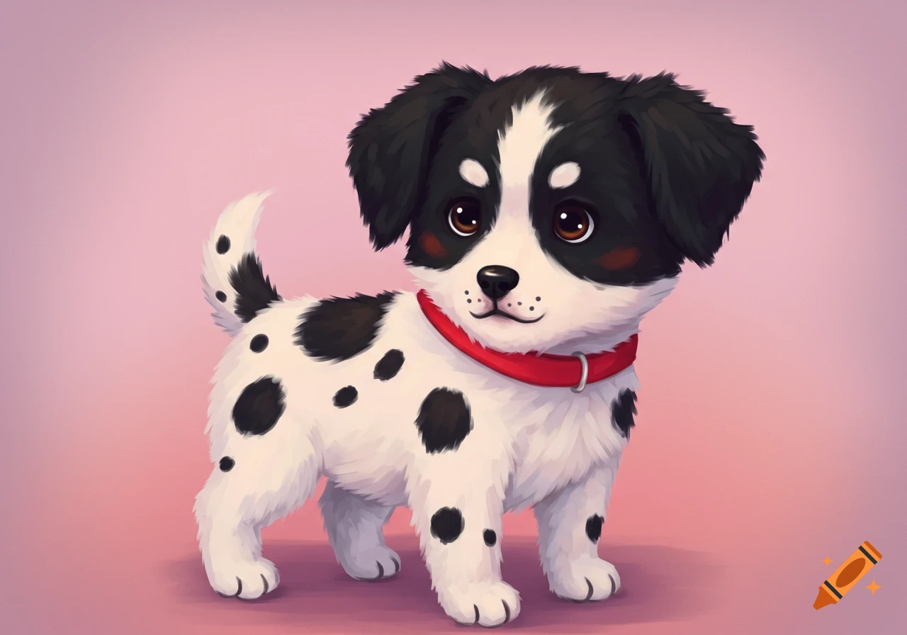 A cute cartoon puppy, white with black spots and head, wearing a red collar, against a pink background.
