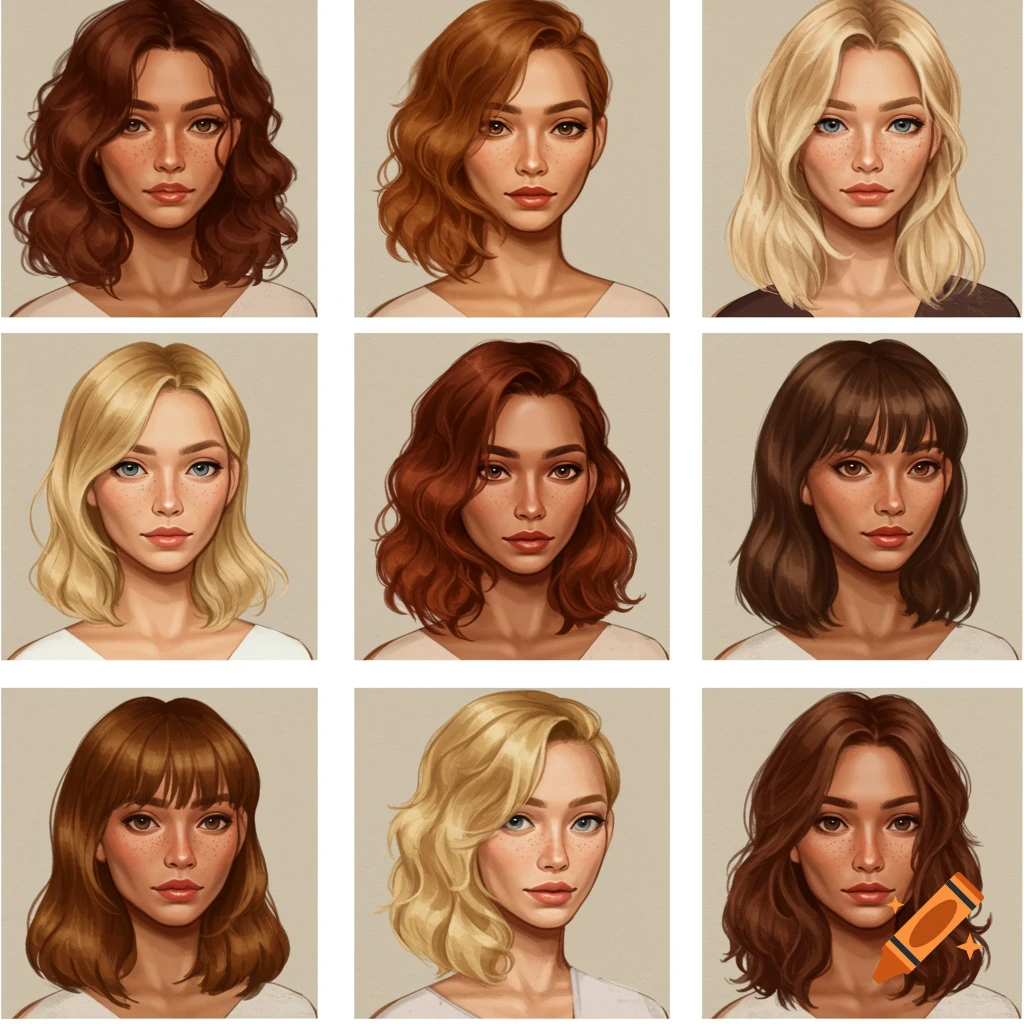 Grid of digital painted portraits of women with various hair colors and styles.
