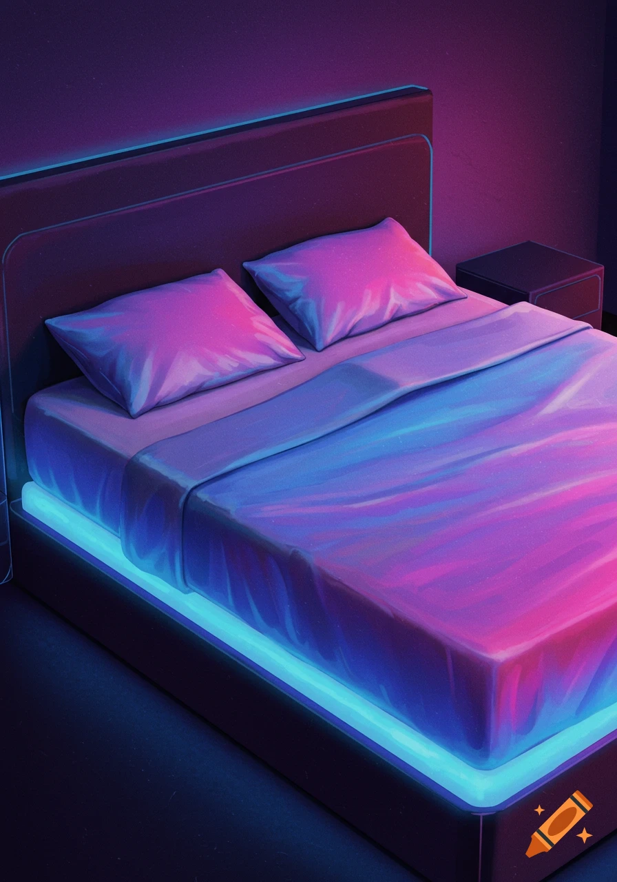 a bed with pink and blue neon lighting