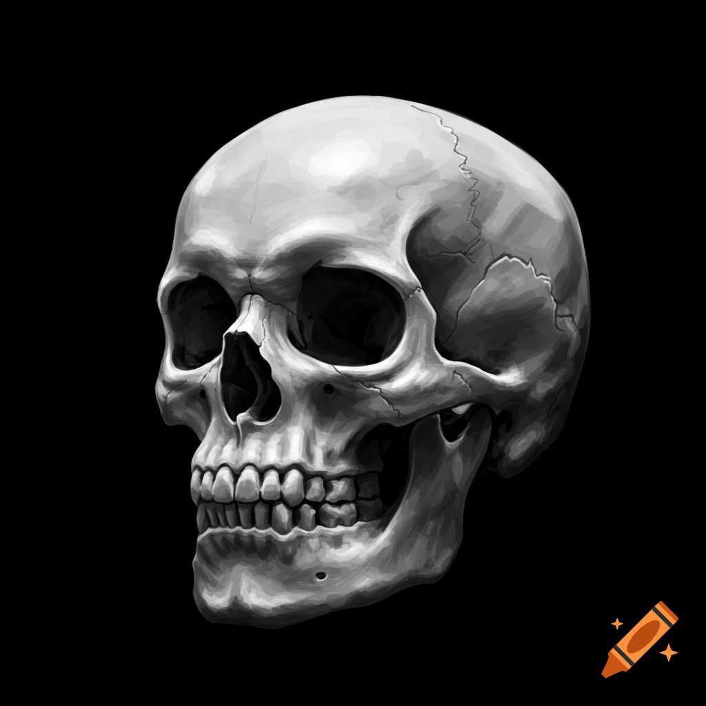 A human skull against a black background.