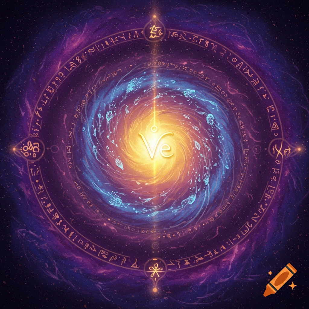 A swirling galaxy surrounded by a ring of ancient symbols, with the letters 'Ve' glowing in the core.