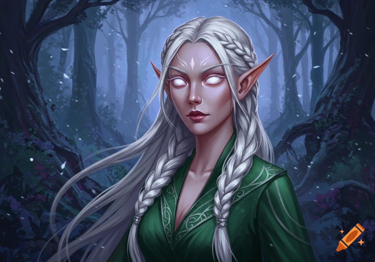 Portrait of a female elf with white eyes and braided white hair in a dark forest.
