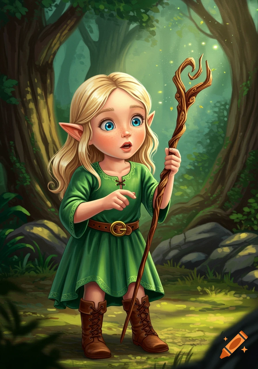 A young elven girl in a green dress holding a staff in a forest