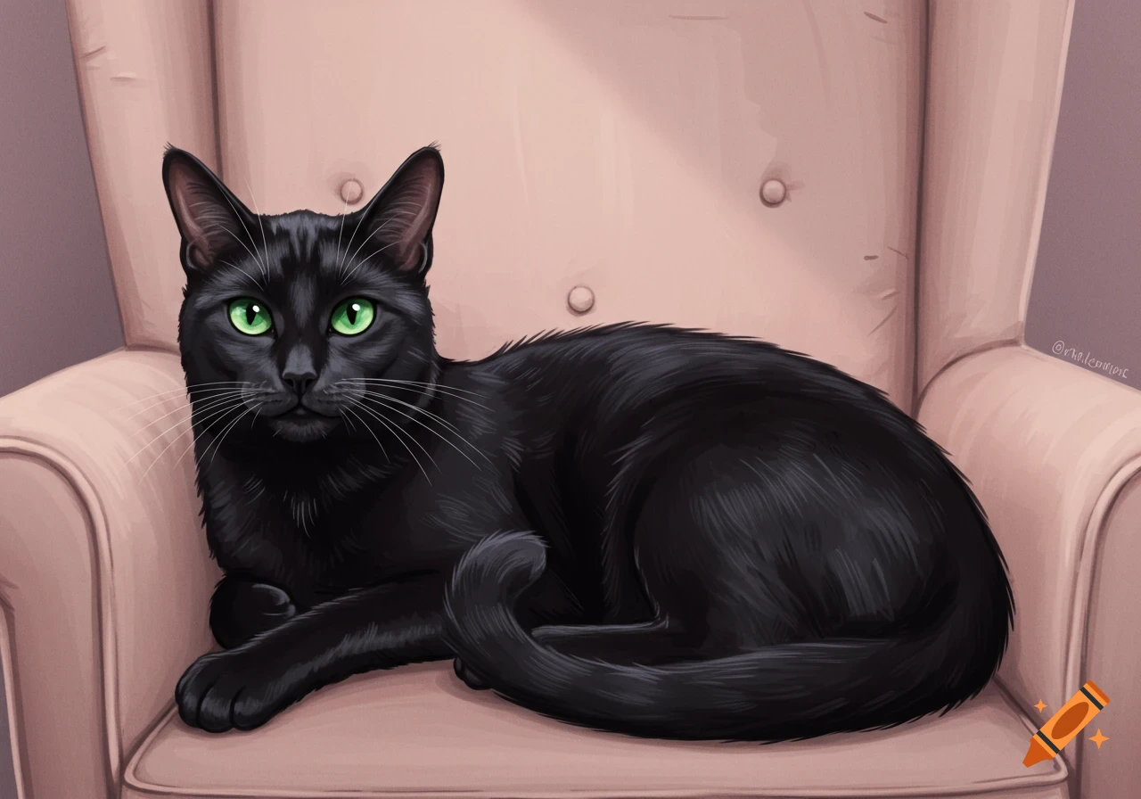 An illustration of a black cat with green eyes lying on a pink armchair.