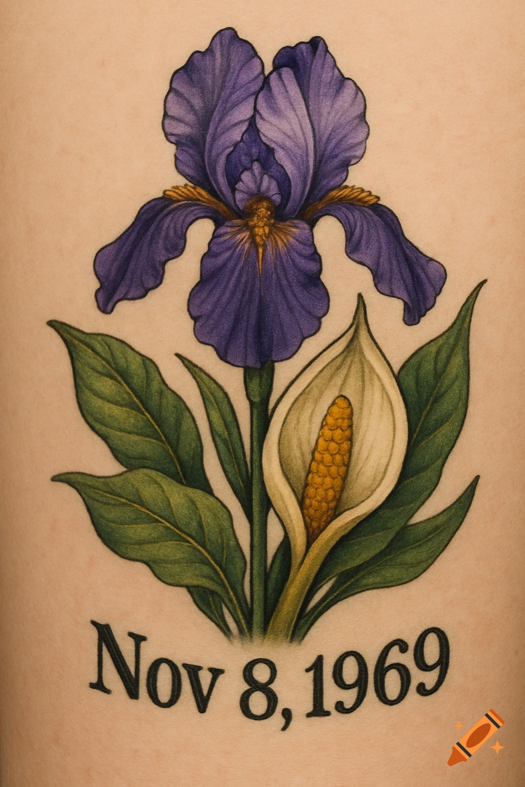 A tattoo with a purple iris and a white skunk cabbage flower above the text "Nov 8, 1969".