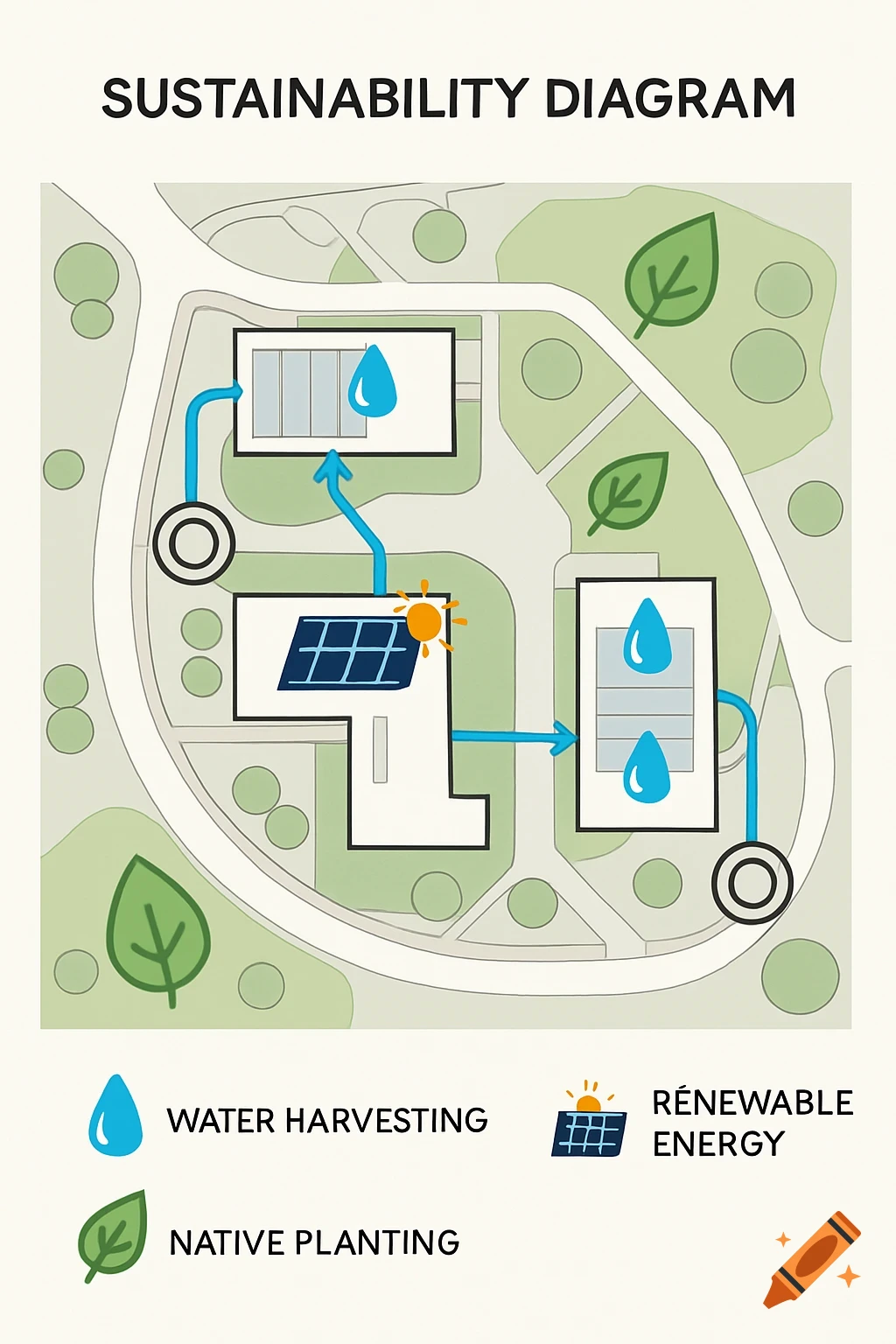 Illustration of a sustainability diagram showing buildings with features like water harvesting, renewable energy, and native planting on a site map.
